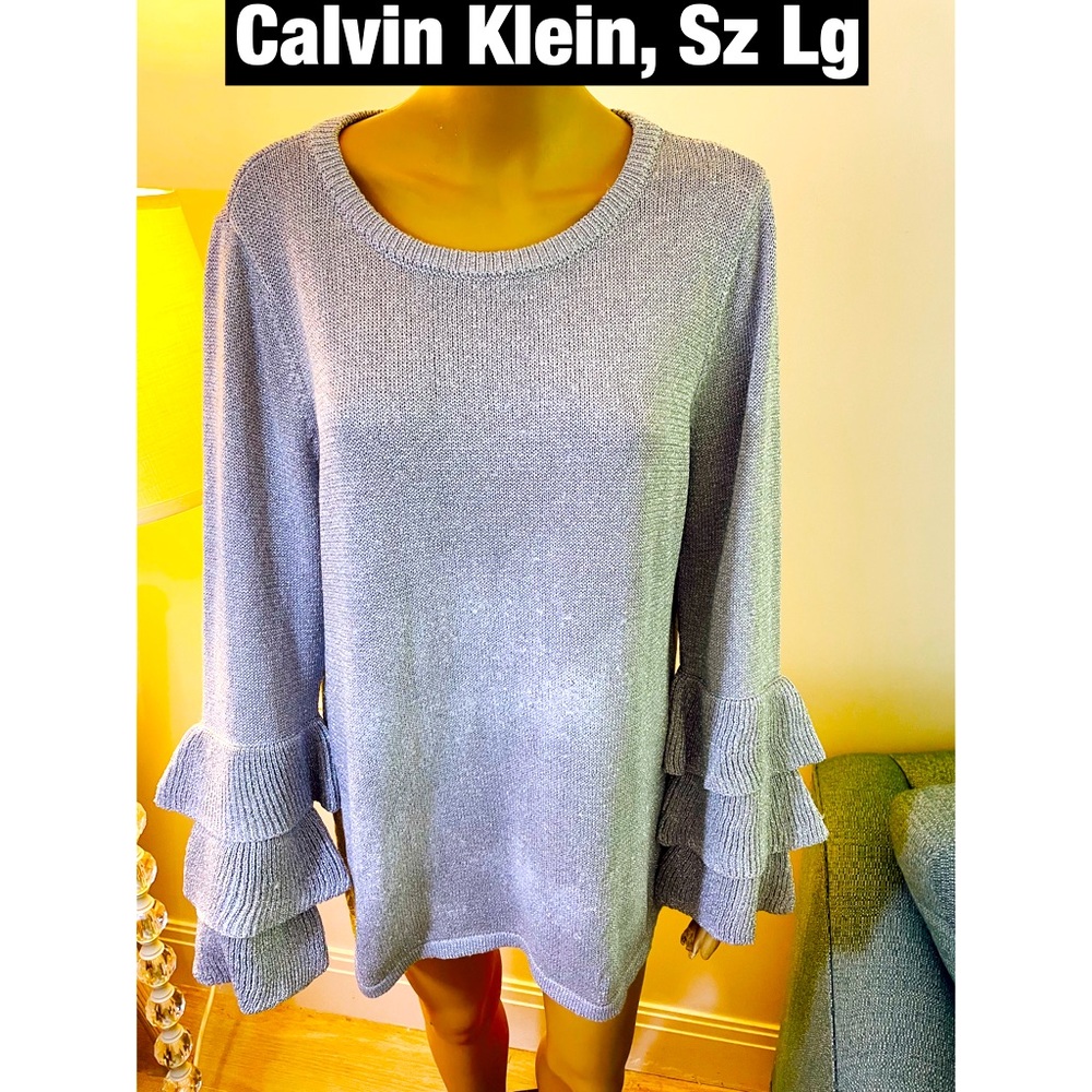 Calvin Klein, Silver Glitter Top with 3 Tier Ruffle Sleeves Sz Lg